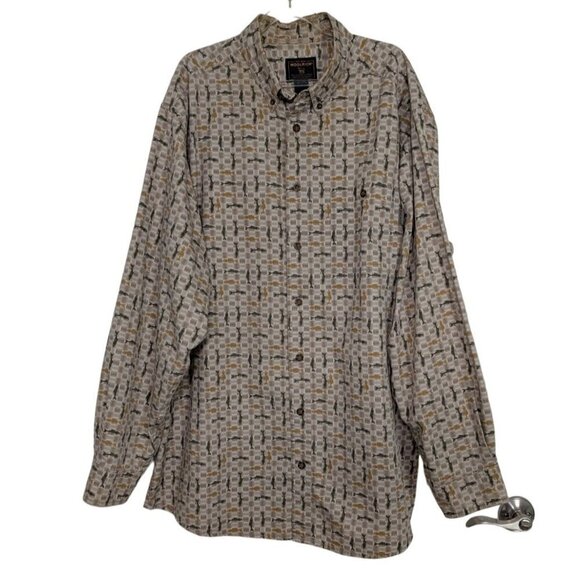 Woolrich Stone Fish Shirt Mens Size XL Tall Tan Cotton Trout Fishing Button Down - Picture 1 of 10
